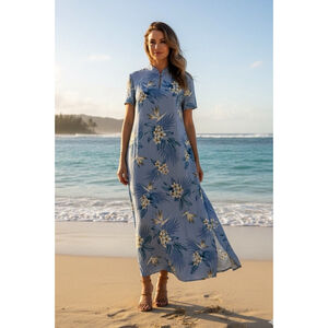 Hilo Hattie Vtg Hawaiian Maxi Dress Large Blue Mandarin Collar Resort Vacation
